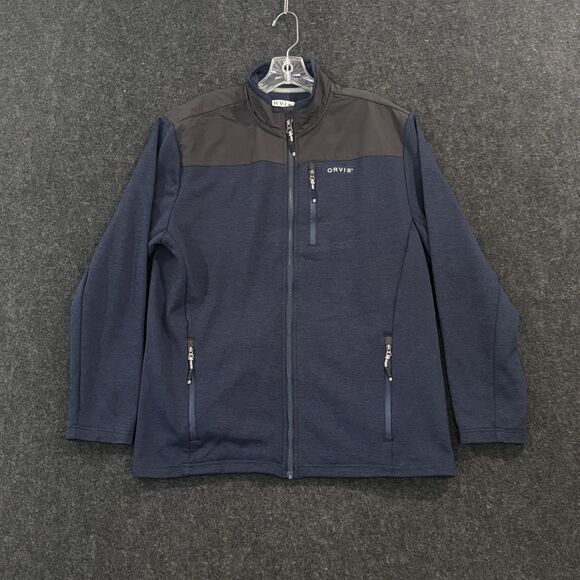Orvis Jacket Men's Medium Navy Blue Full Zip Softshell Outdoor Coat Fleece - Picture 1 of 8